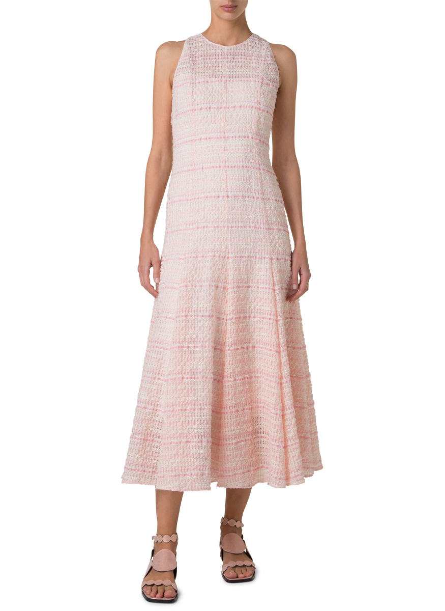 Pink Tweed Round Neck Midi Dress