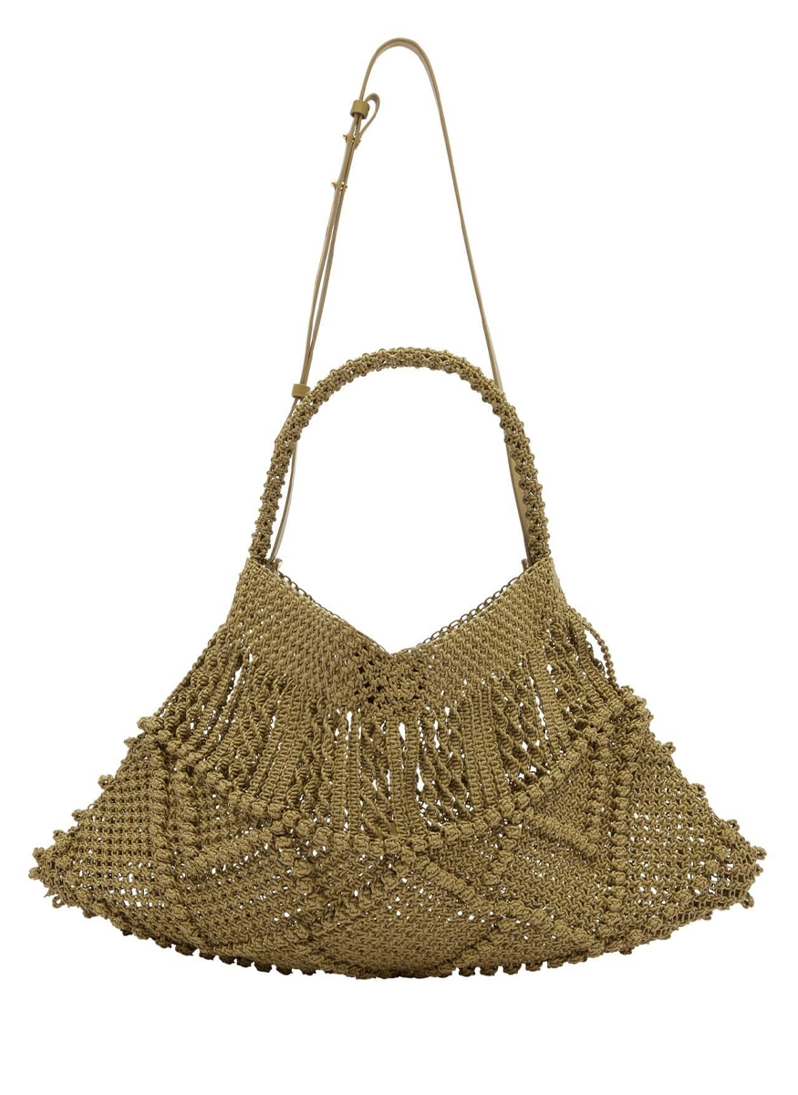 Leather Macrame Maxi Crescent Tote in Green