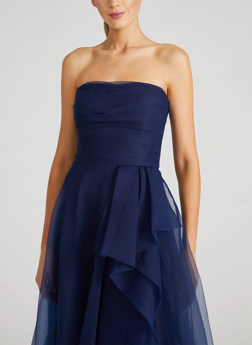 Teresa Strapless Draped Gown in Navy - THEIA