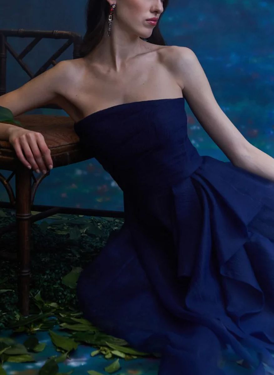Teresa Strapless Draped Gown in Navy - THEIA