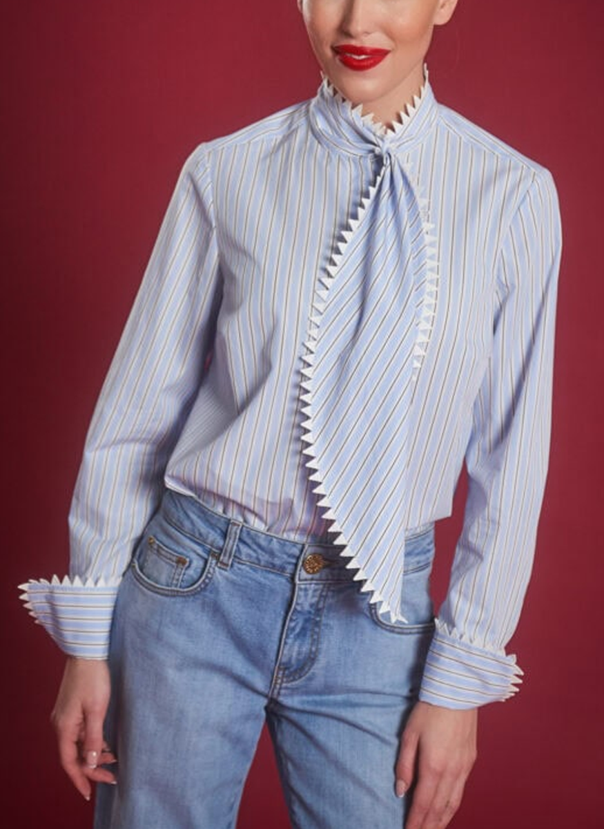 Cotton Striped Blouse with Printed Silk Back