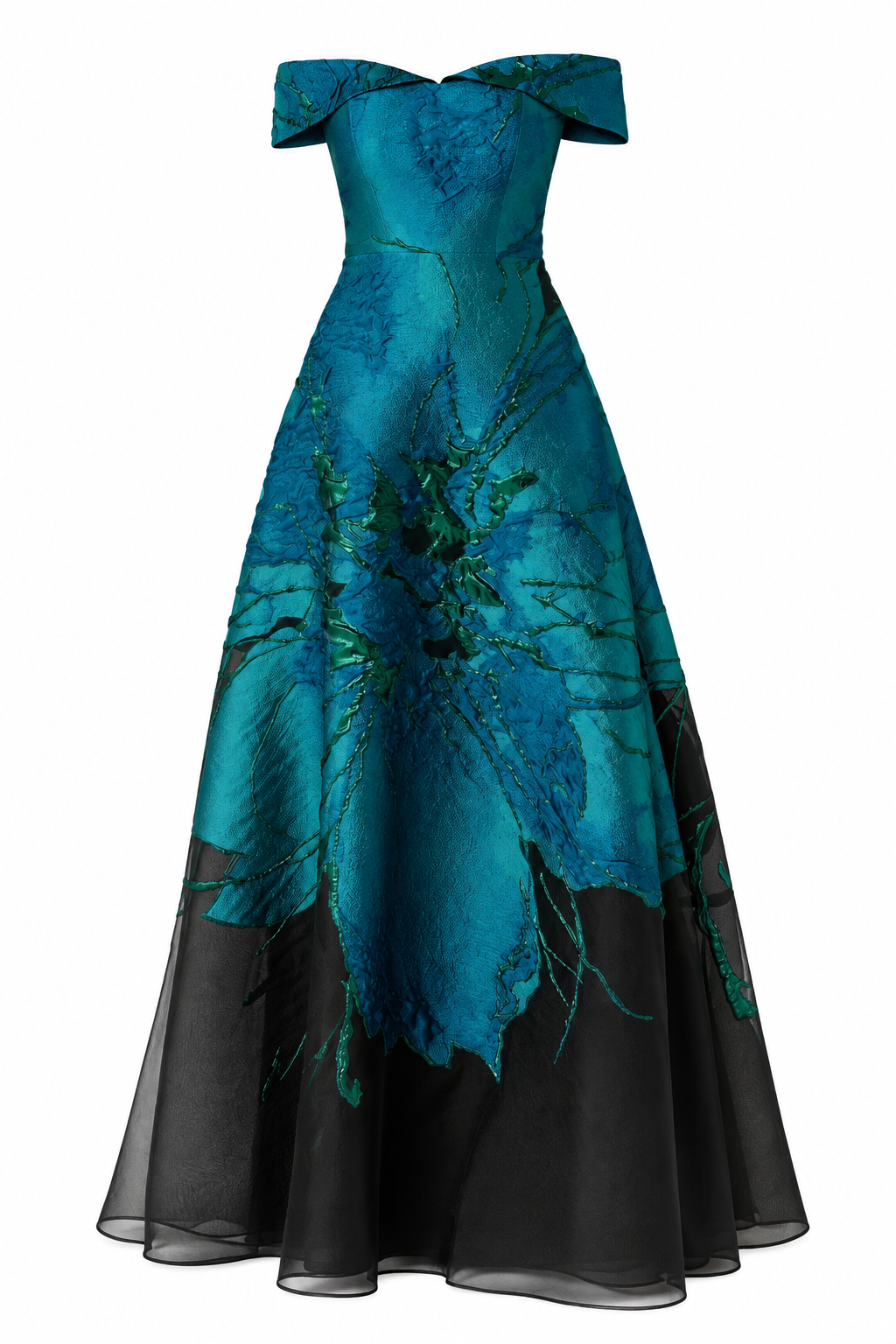 Jacquard Organza Off Shoulder A Line Gown - Teri Jon