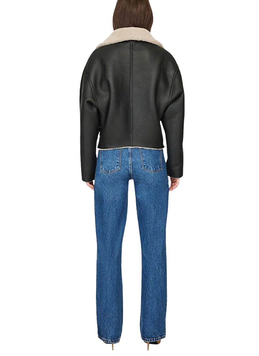 Aria Black Beige Reversible Shearling Moto Jacket - HiSO