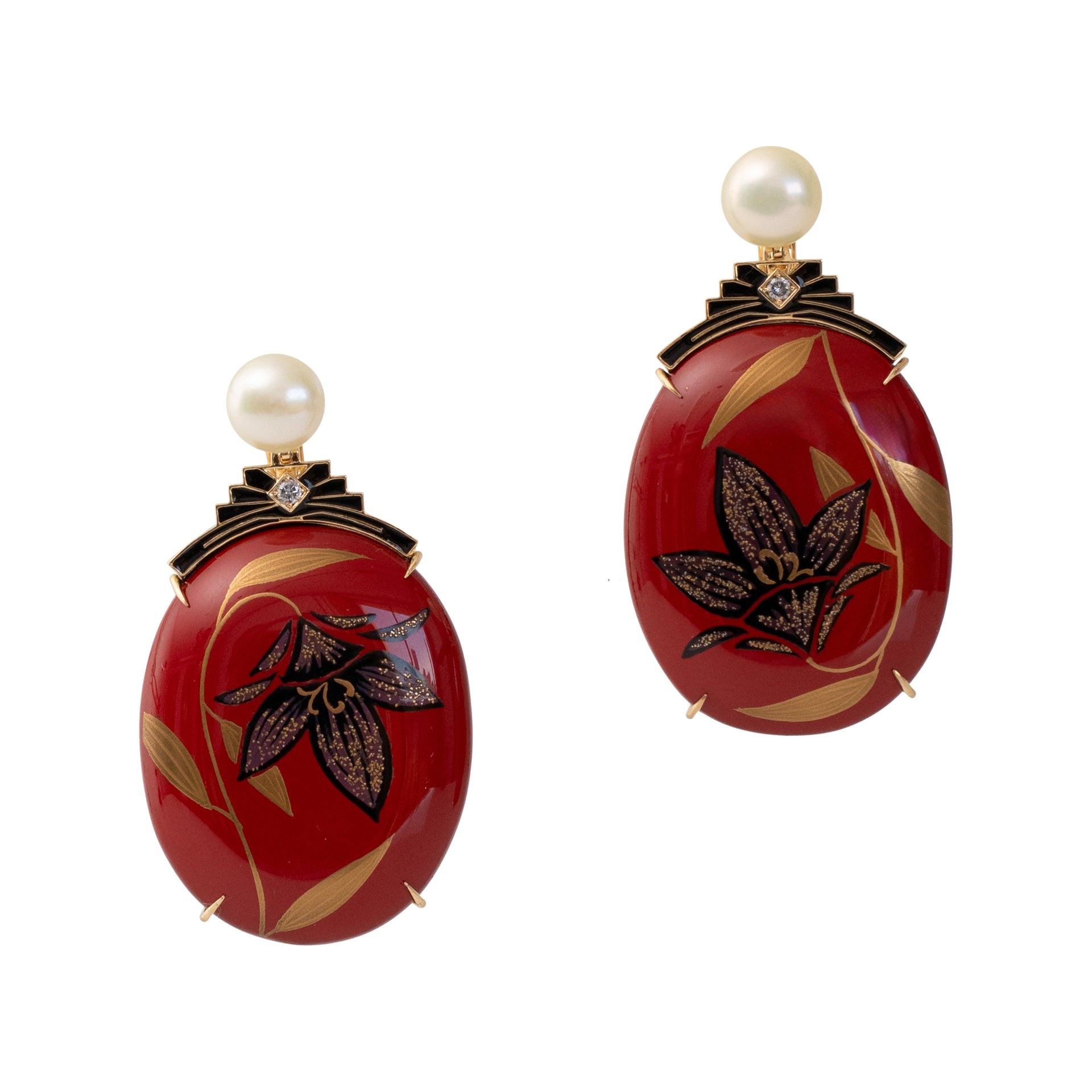 Fleur-de-Lis Pearl and Lacquer Earrings