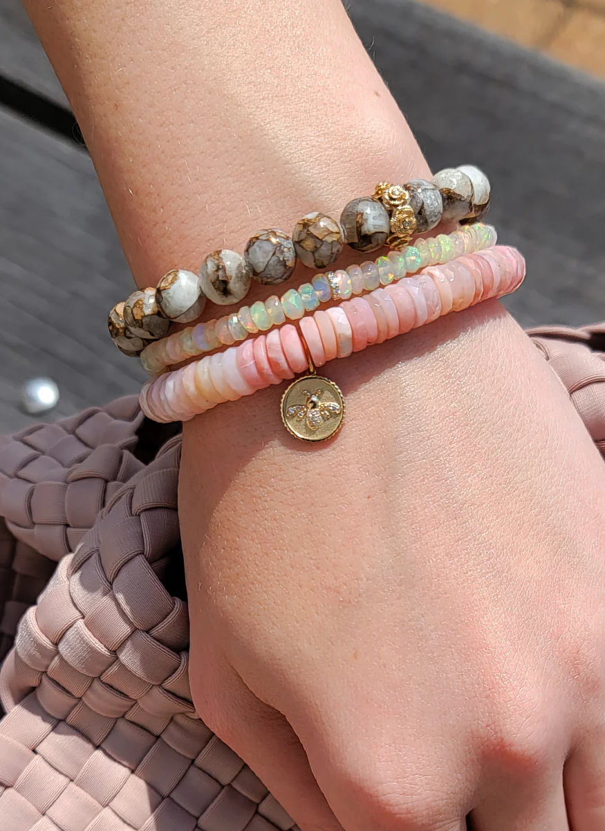 Marbled Bronze Calcite Bead Bracelet with Diamond Rose Rondelle