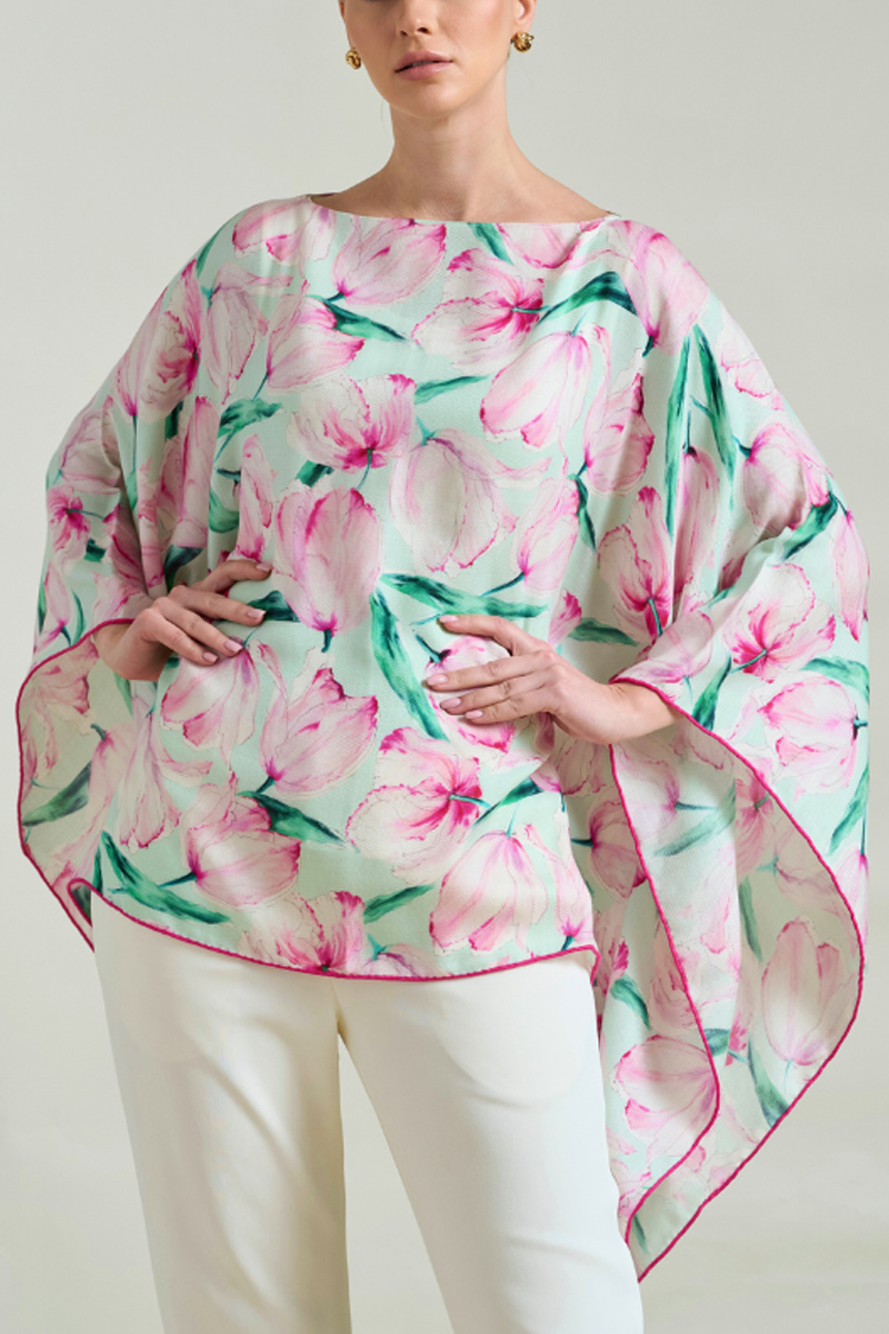 Cashmere Printed Poncho in Tulip Print - Rani Arabella