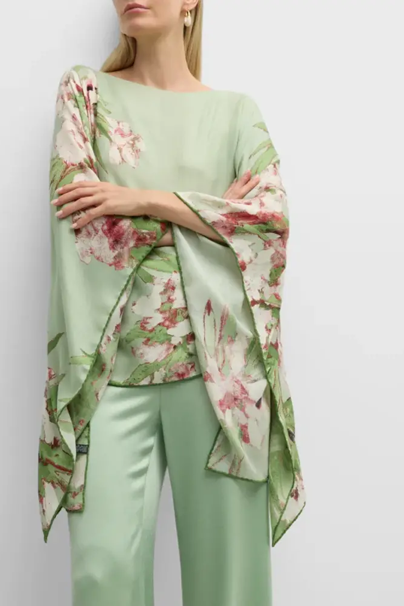 Cashmere Printed Poncho in Liguria Green