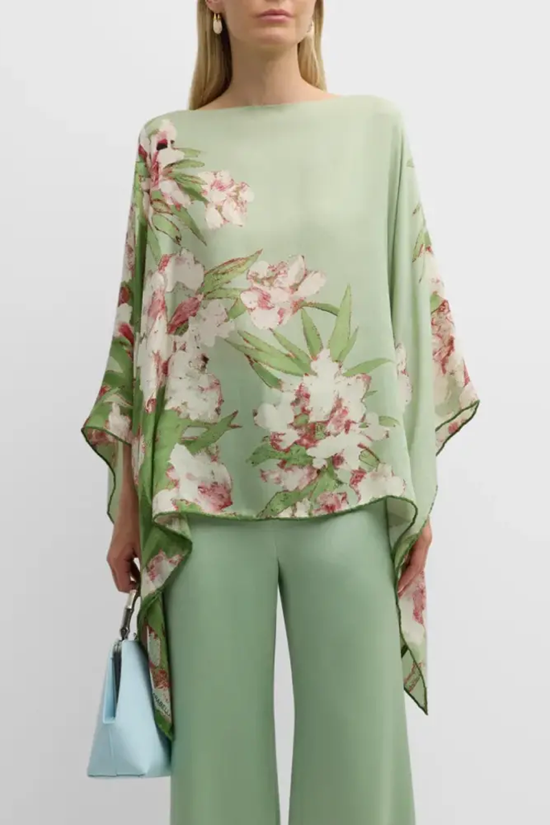 Cashmere Printed Poncho in Liguria Green - Rani Arabella
