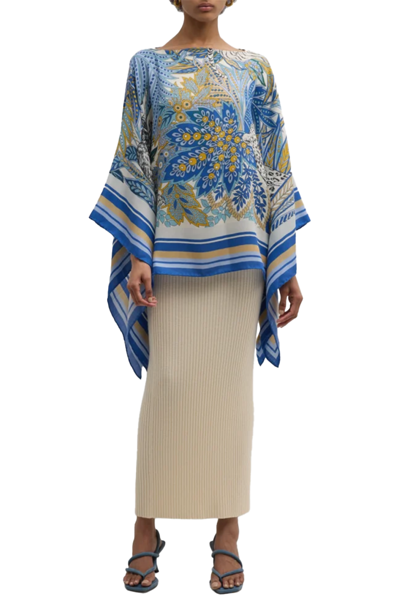 Cashmere Printed Poncho in Amazonia Cobalt