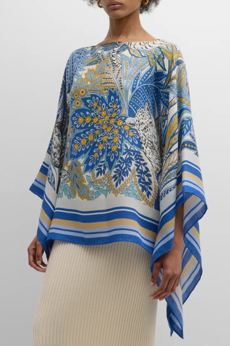 Cashmere Printed Poncho in Amazonia Cobalt