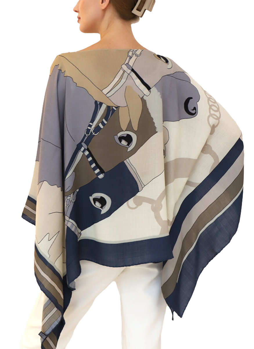 Cashmere Printed Poncho: Agatha in Navy - Rani Arabella