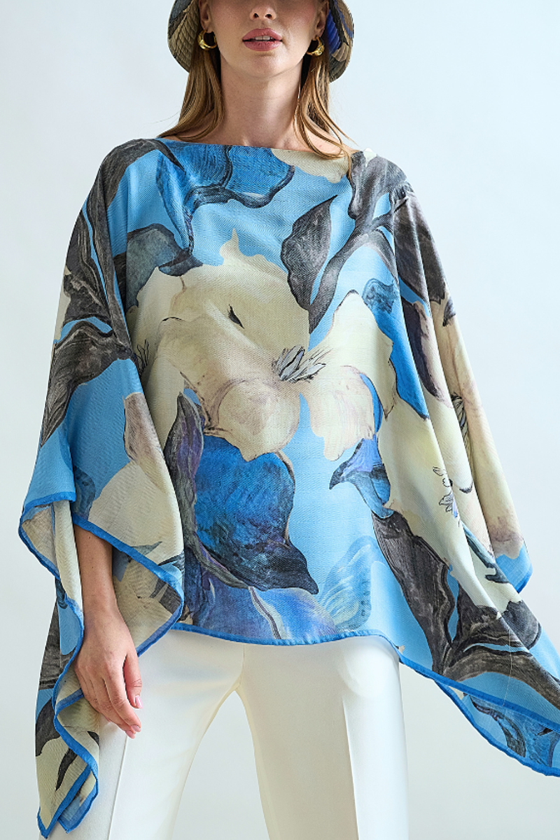 Cashmere Printed Poncho in Bergamo Blue