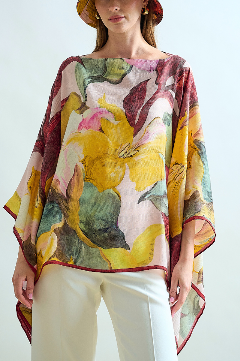 Cashmere Printed Poncho in Bergamo Pink