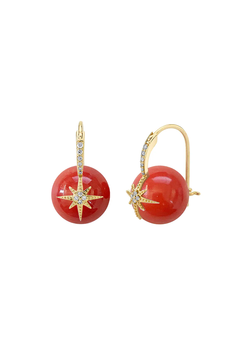 Coral with Diamond Starburst Earrings