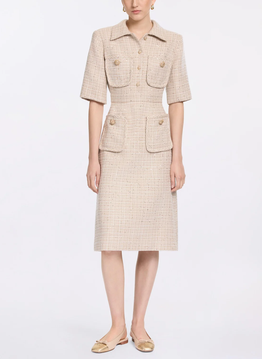 Sequin Thread Tweed Midi Dress US10 / BROWN SU