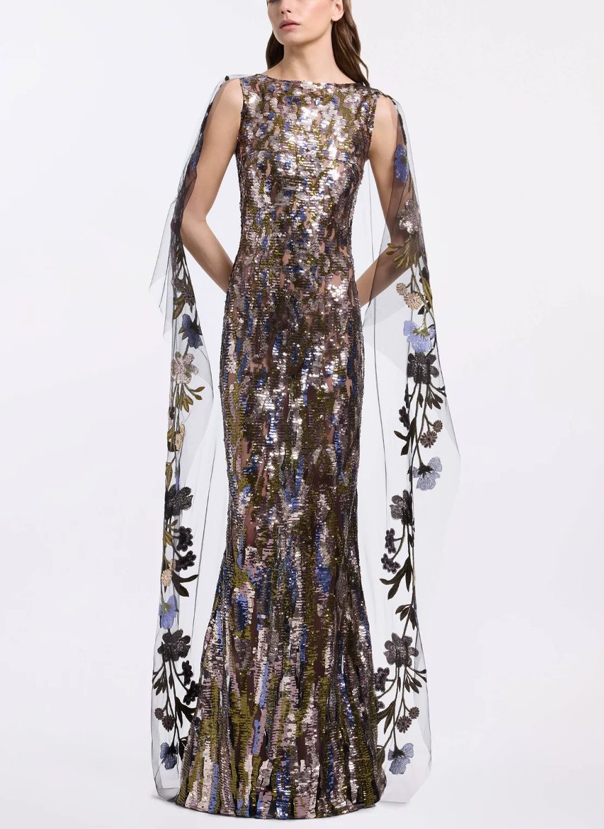 Cape-sleeved Sequin Gown