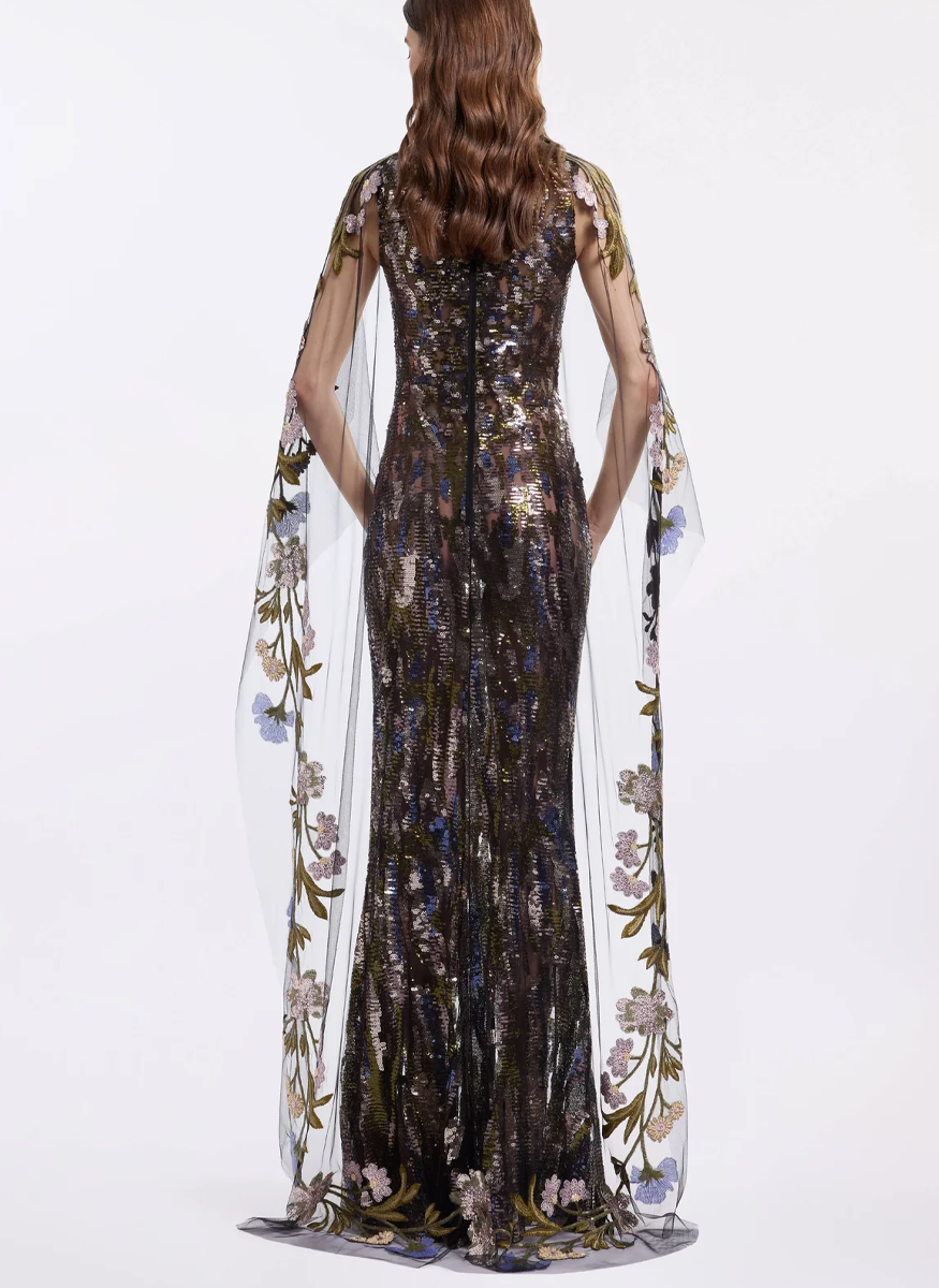 Cape-sleeved Sequin Gown - Elie Saab
