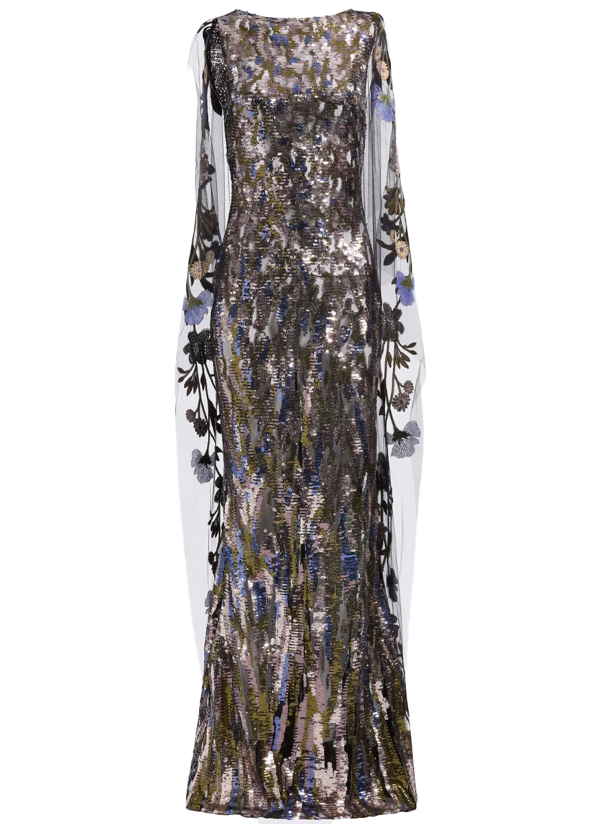 Cape-sleeved Sequin Gown