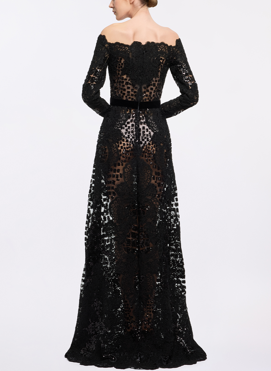 Off the Shoulder Sequin Embroidered Tulle Gown - Elie Saab