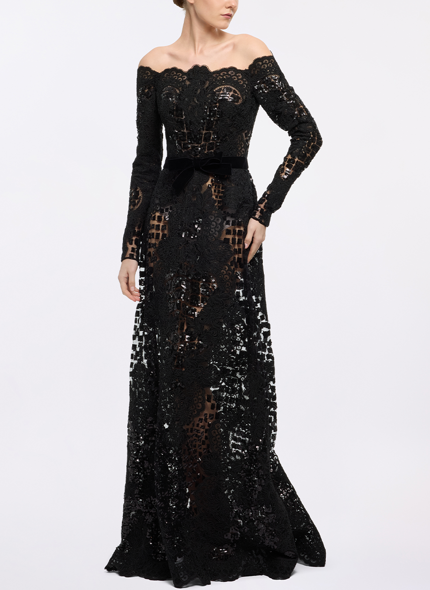 Off the Shoulder Sequin Embroidered Tulle Gown - Elie Saab
