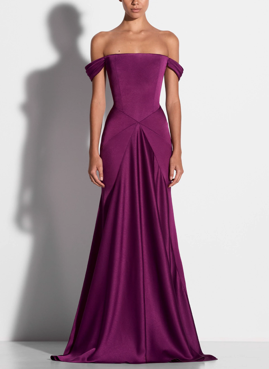 Off Shoulder Panelled Gown in Satin Crepe