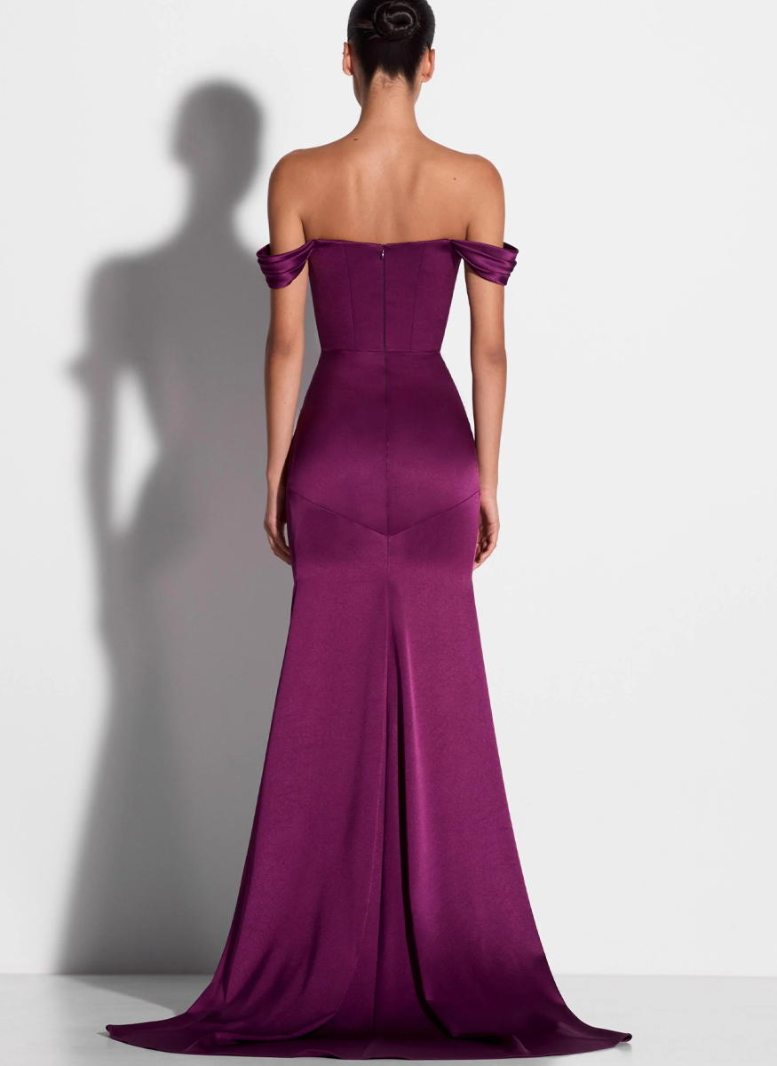 Off Shoulder Panelled Gown in Satin Crepe - ALEX PERRY