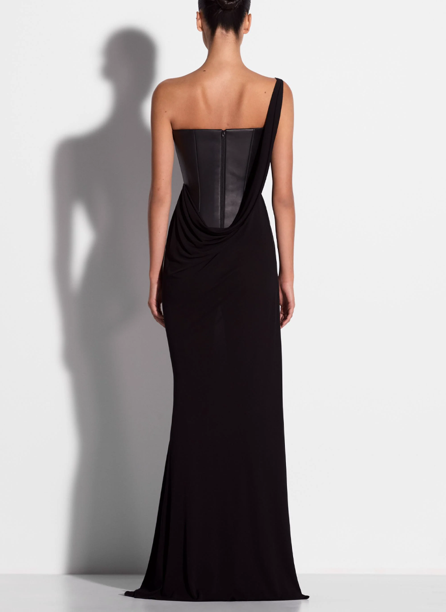 One Shoulder Asymmetric Gown in Leather & Jersey - ALEX PERRY