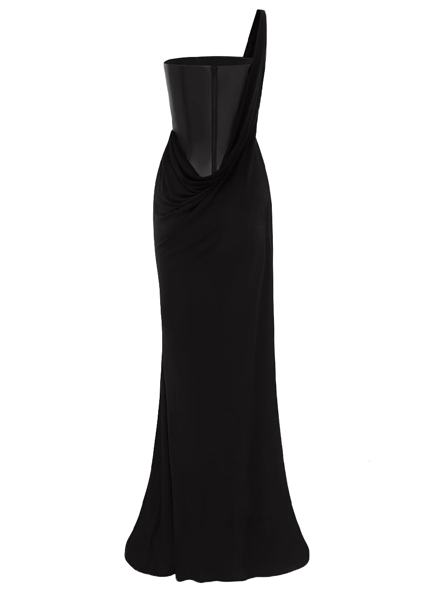 One Shoulder Asymmetric Gown in Leather & Jersey - ALEX PERRY