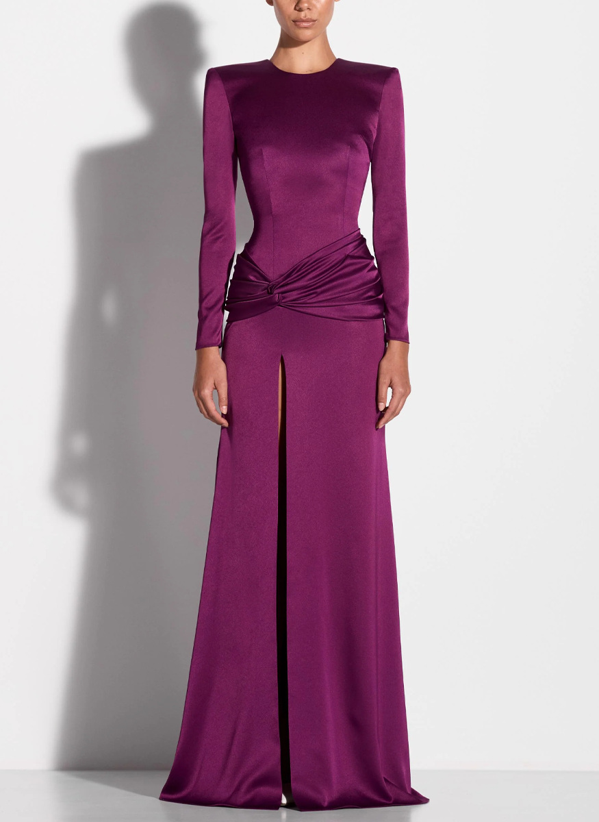 Long Sleeve Knot Gown in Satin Crepe