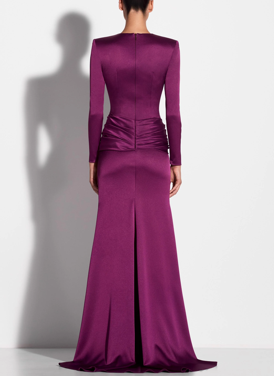 Long Sleeve Knot Gown in Satin Crepe - ALEX PERRY