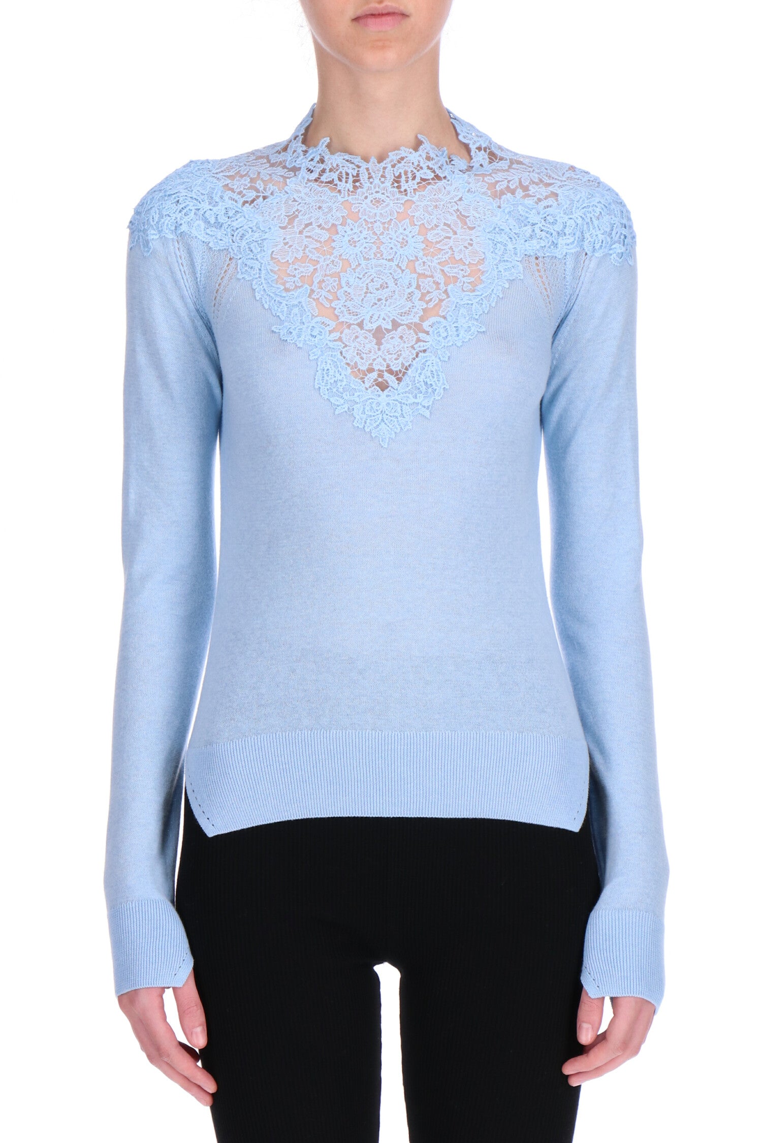 Cotton and Cashmere Long Sleeve Sweater with Lace Collar Detail - Ermanno Scervino