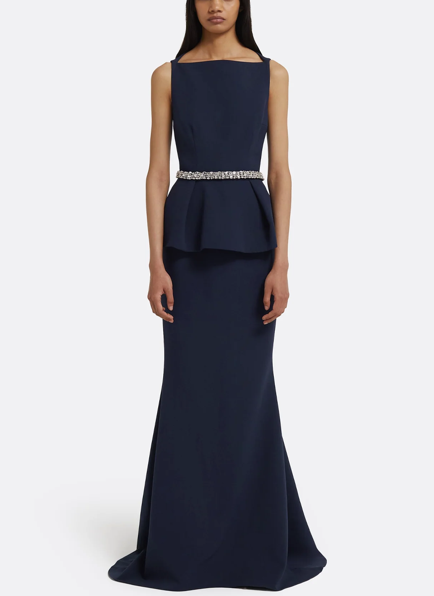 Carter Crepe Gown in Maritime with Crystal Belt