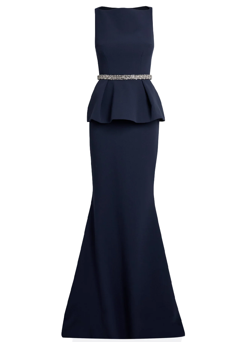 Carter Crepe Gown in Maritime with Crystal Belt