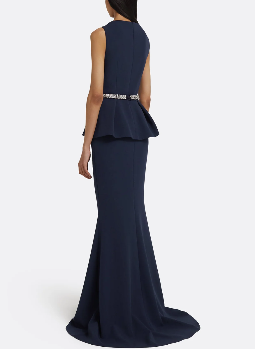 Carter Crepe Gown in Maritime with Crystal Belt - Safiyaa