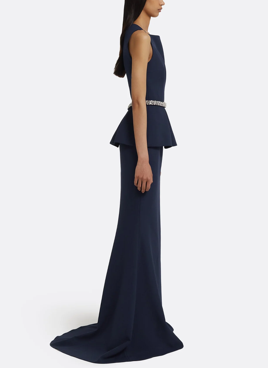 Carter Crepe Gown in Maritime with Crystal Belt - Safiyaa