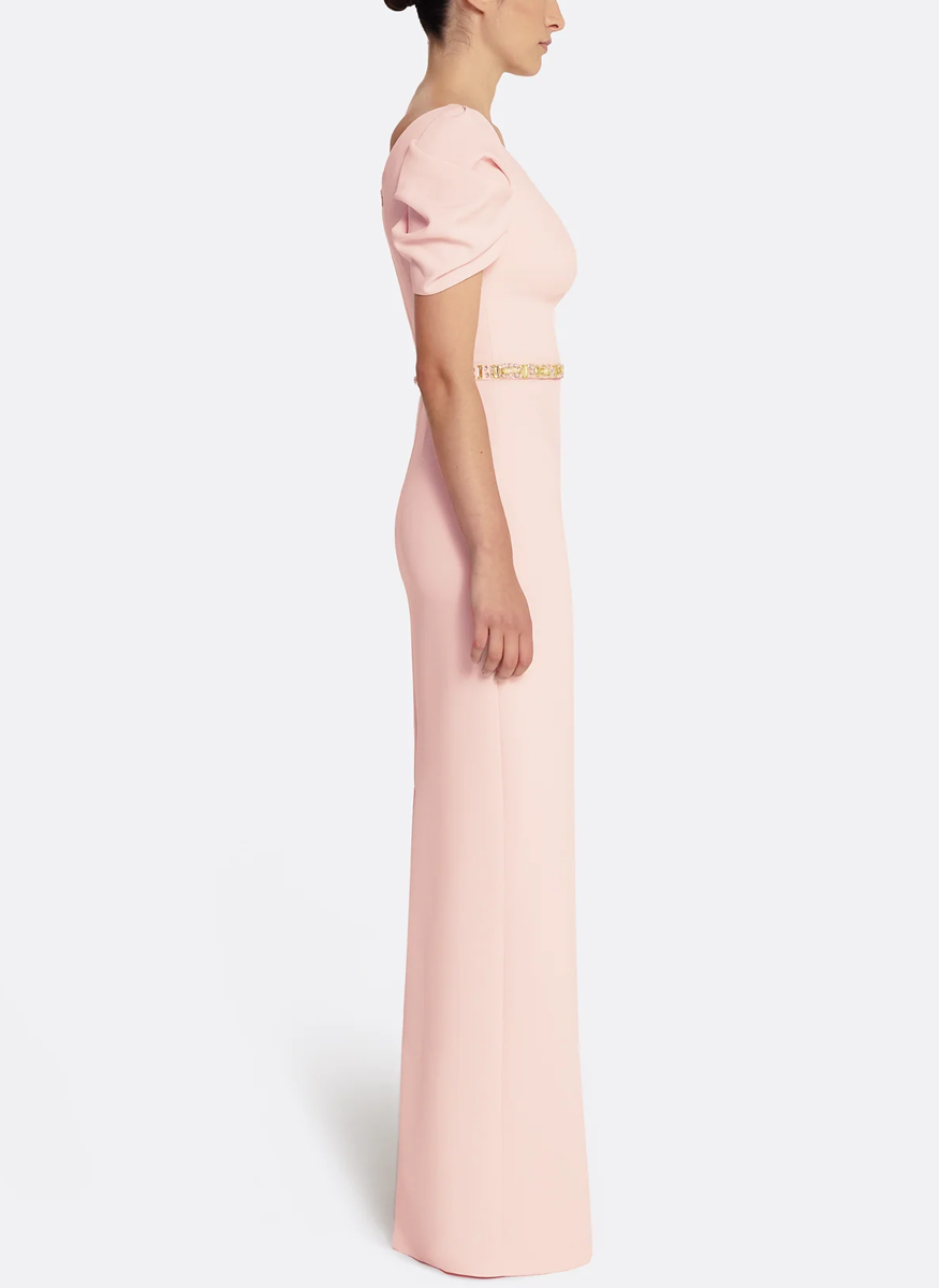 Vanna Long Dress in Pale Pink with Gold Belt - Safiyaa