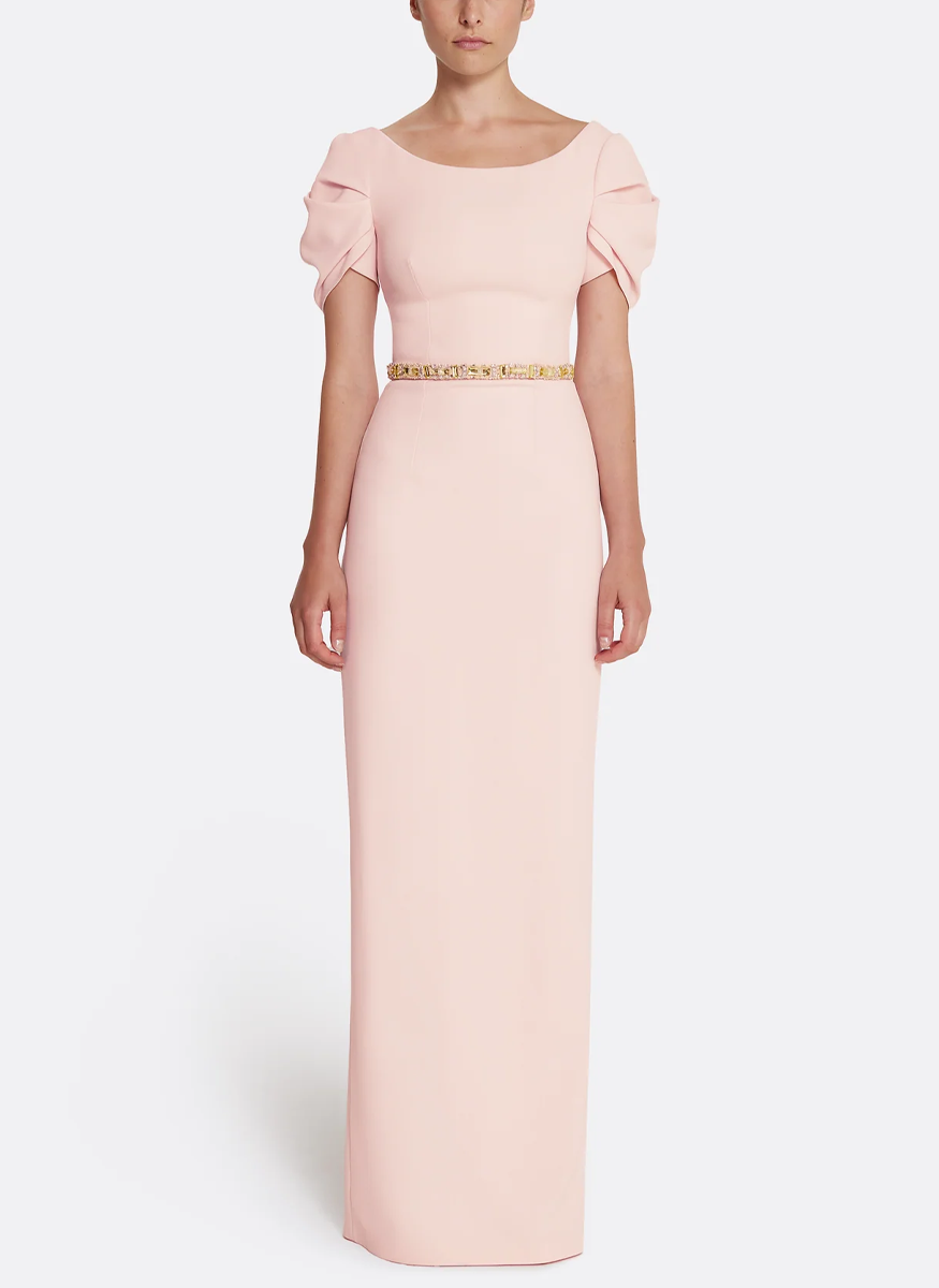 Vanna Long Dress in Pale Pink with Gold Belt