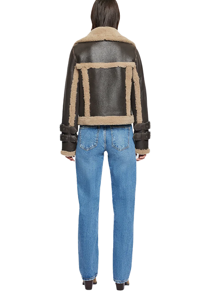 Doll Brown Cracked Shearling Biker Jacket