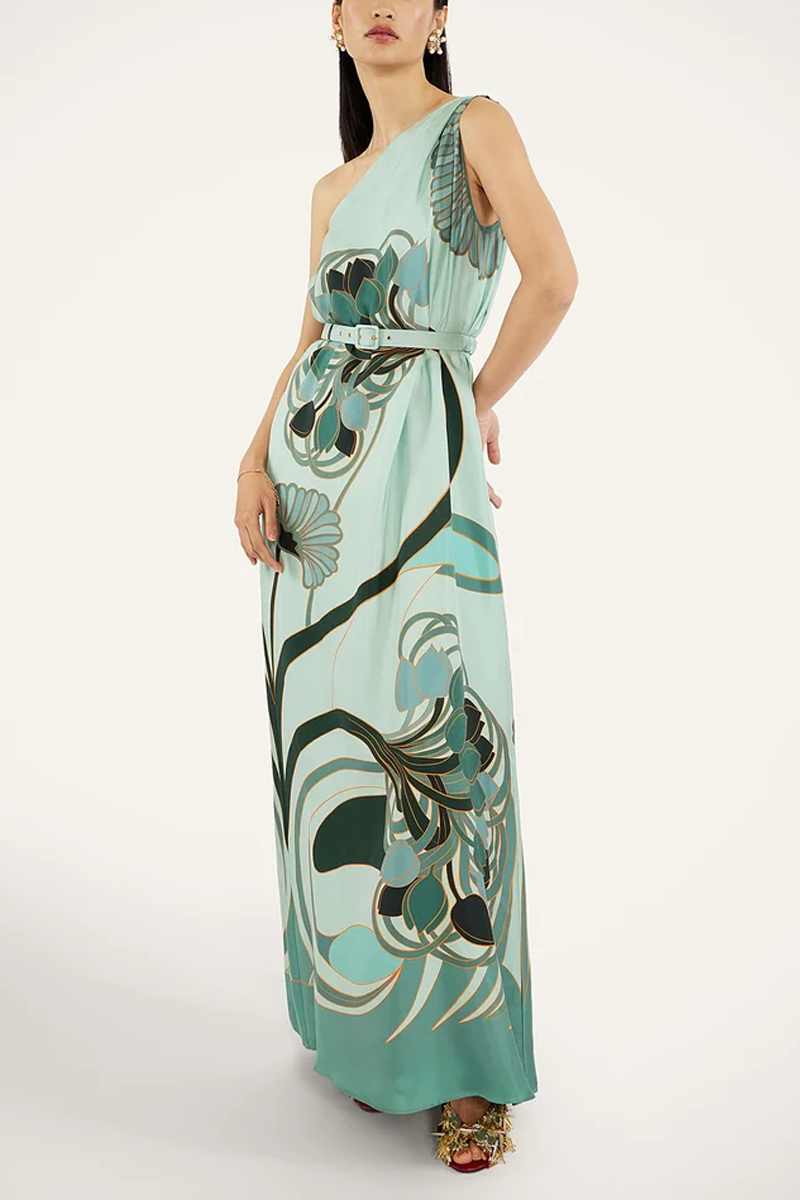 Roy Dress Blooming Tulip Placée Mint in Silk Twill - La DoubleJ