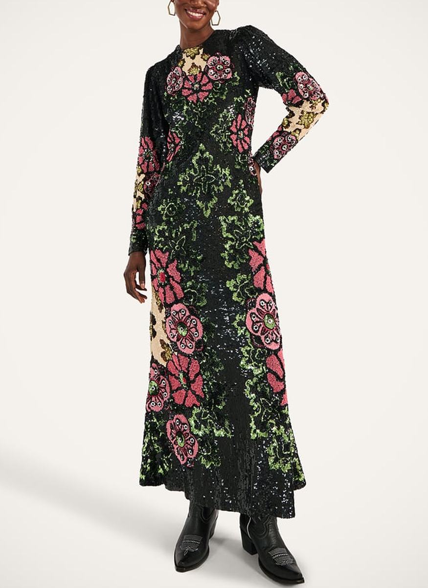 Clingy Swing Dress Bounty Red in Embroidered Paillettes - La DoubleJ