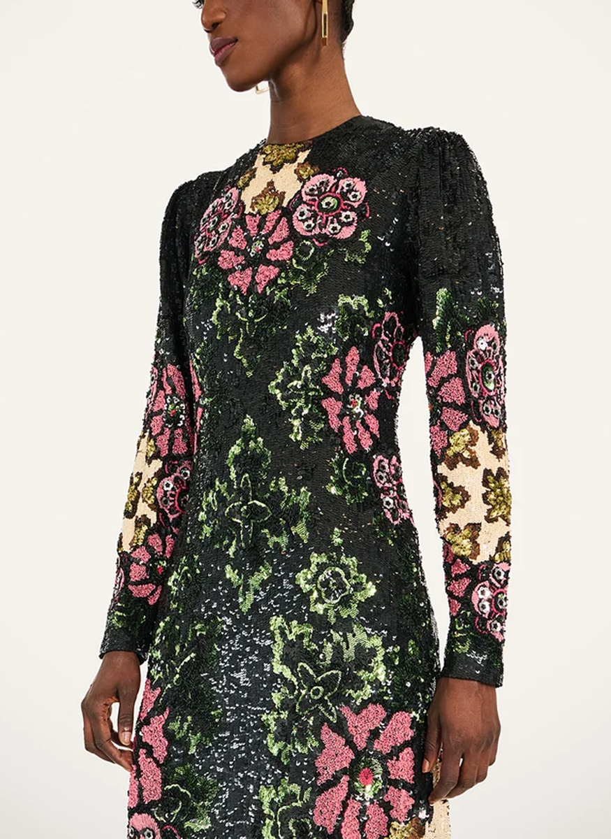 Clingy Swing Dress Bounty Red in Embroidered Paillettes - La DoubleJ