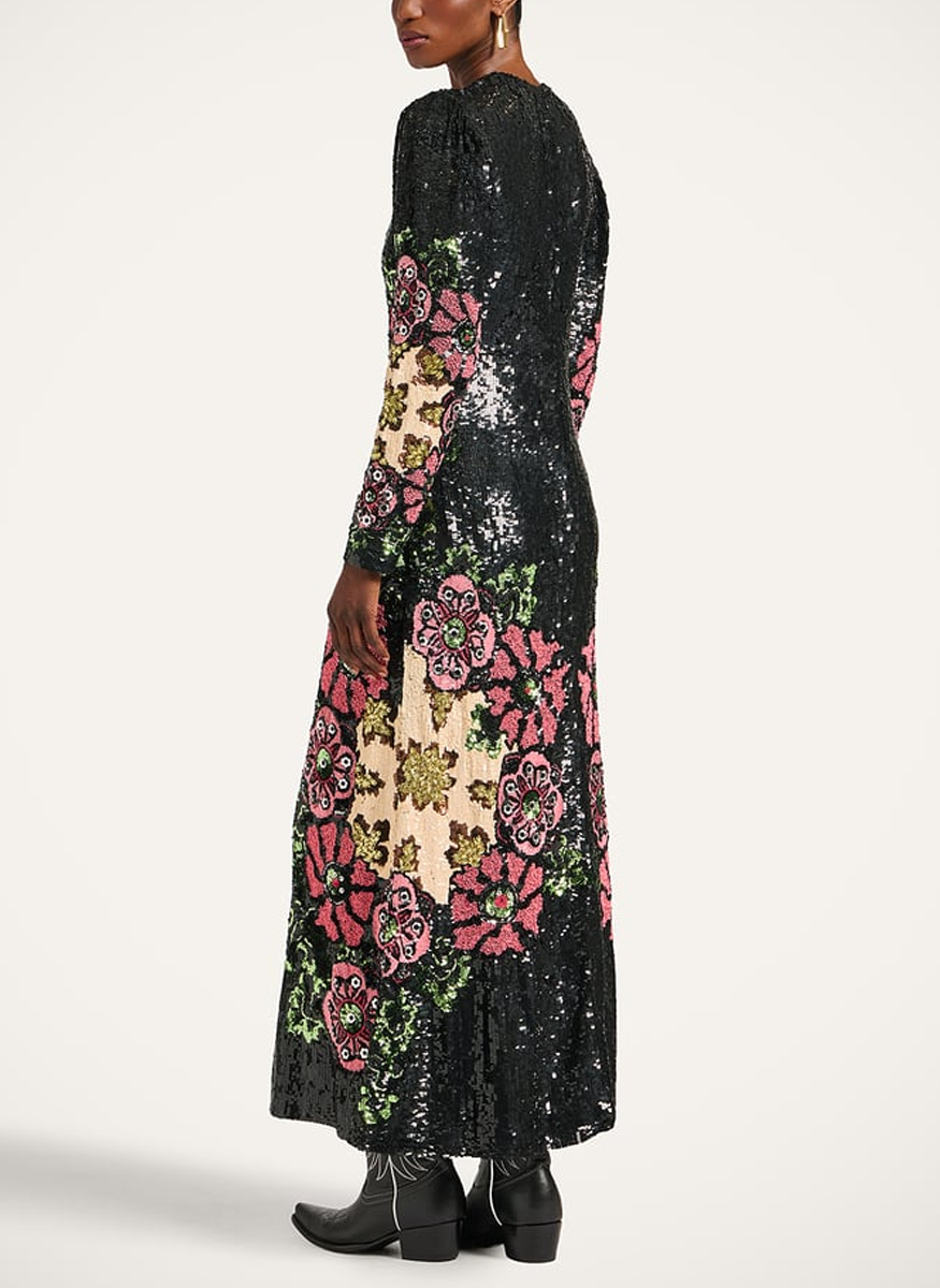 Clingy Swing Dress Bounty Red in Embroidered Paillettes - La DoubleJ