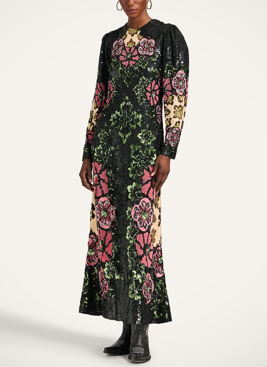 Clingy Swing Dress Bounty Red in Embroidered Paillettes - La DoubleJ