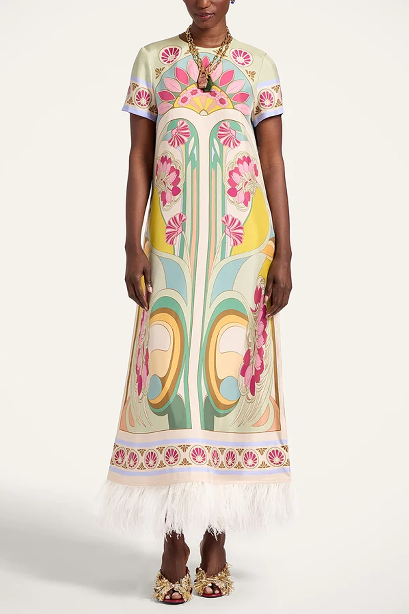 Swing Dress in Tulip Placée Green with Feathers