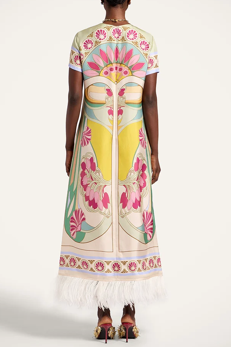 Swing Dress in Tulip Placée Green with Feathers - La DoubleJ