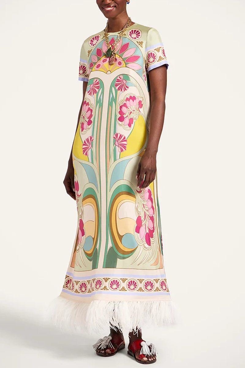 Swing Dress in Tulip Placée Green with Feathers - La DoubleJ