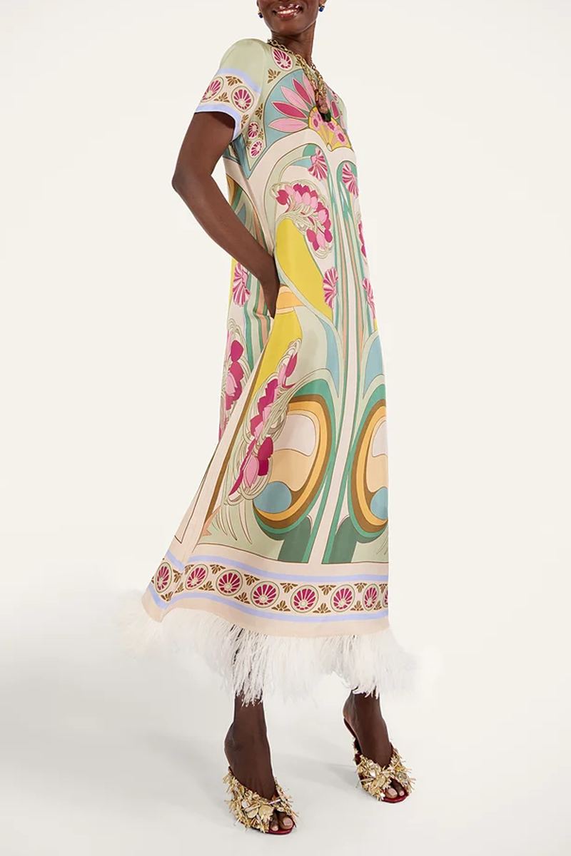 Swing Dress in Tulip Placée Green with Feathers - La DoubleJ