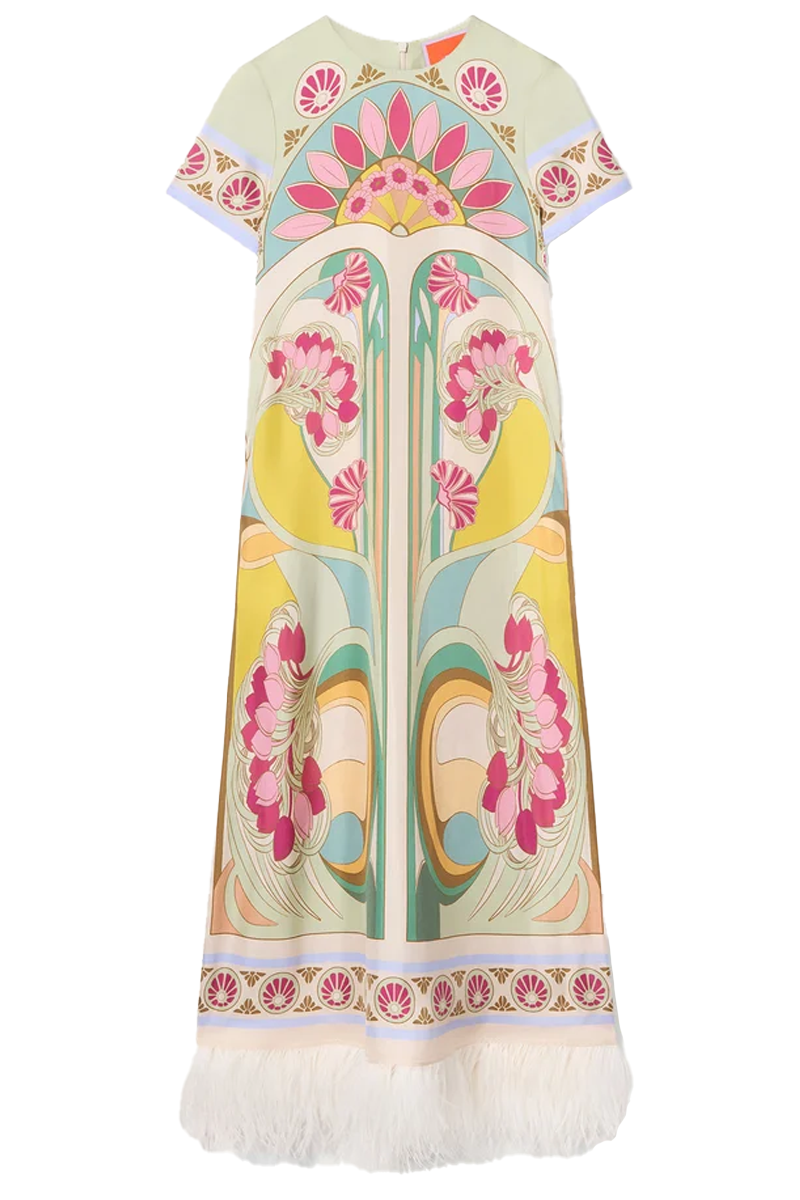 Swing Dress in Tulip Placée Green with Feathers
