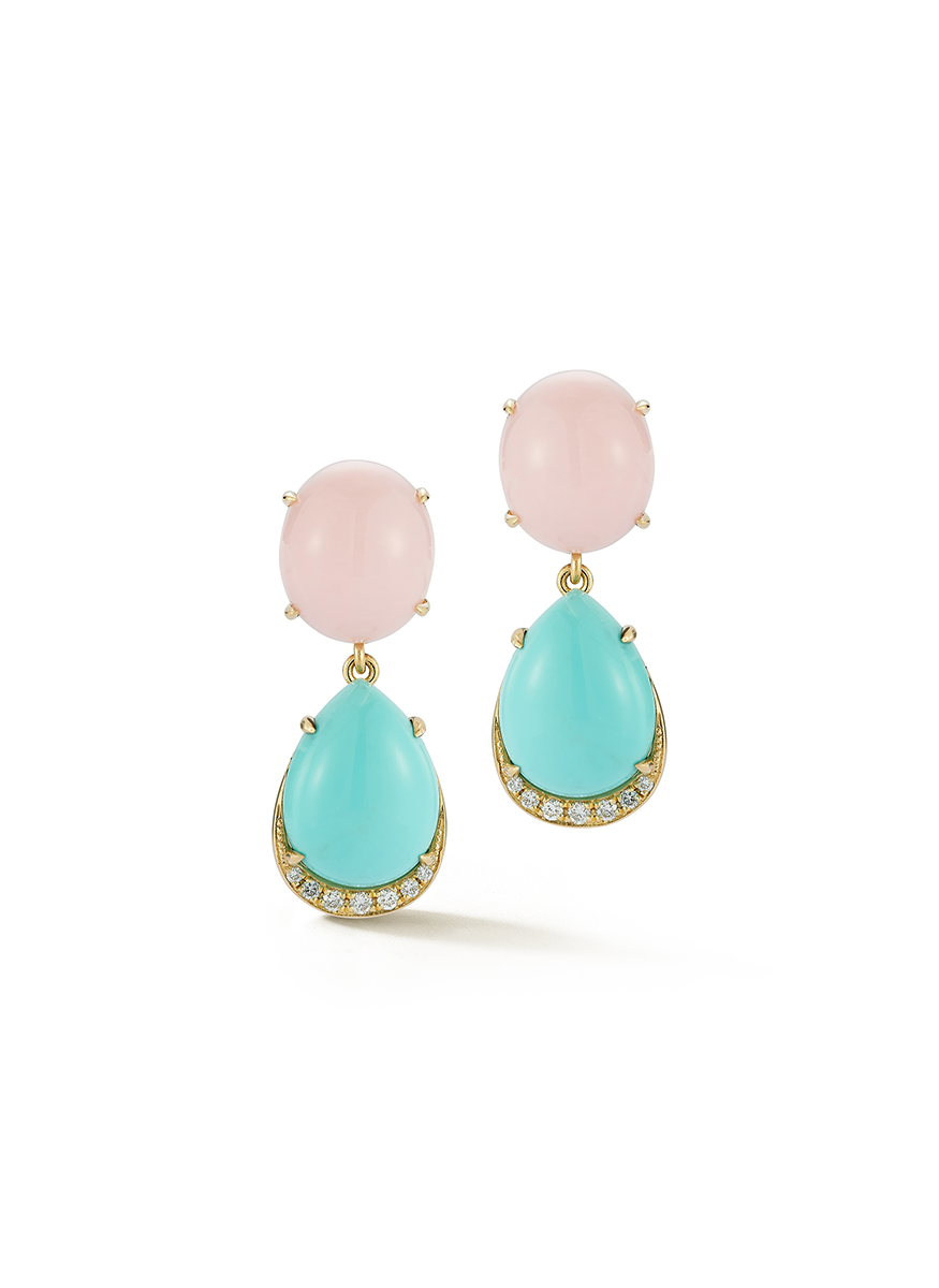 Pink Opal and Turquoise Two Drop Earrings