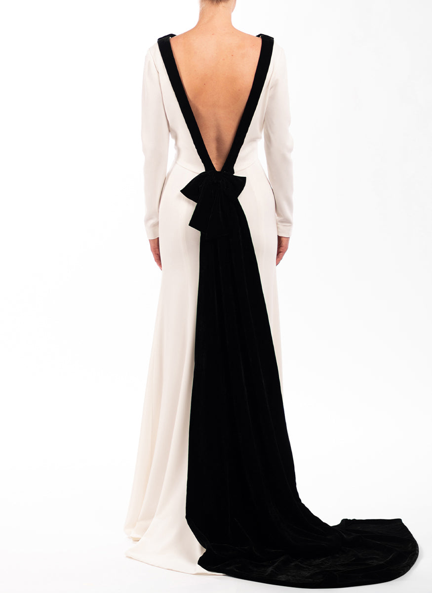 Long Sleeve V-Neck Gown in Ivory Crepe and Black Velvet